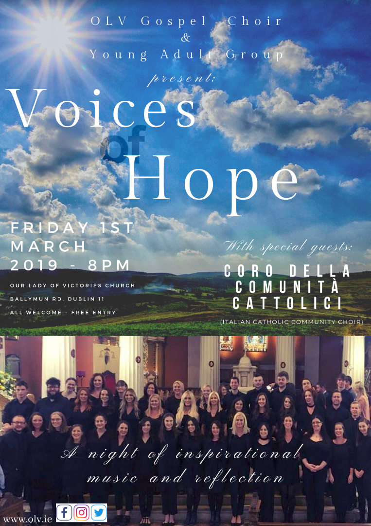 Poster for Voices of Hope Concert in Our Lady of Victories, 1st March 2019 at 8pm.